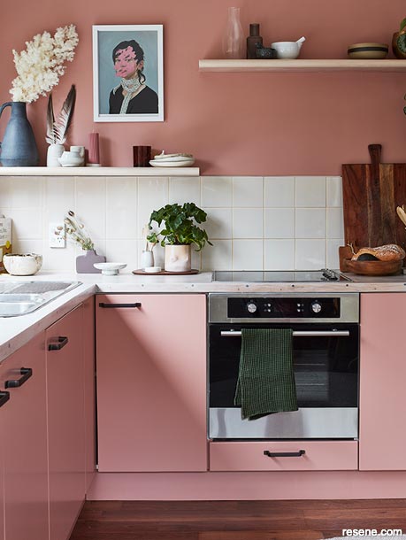 Kitchen cabinets in Resene Brandy Rose
