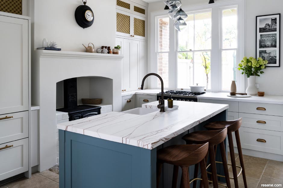 A modern heritage kitchen in white and blue