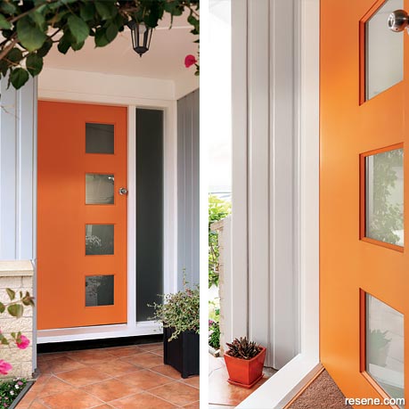A striking orange front door in Resene Clockwork Orange