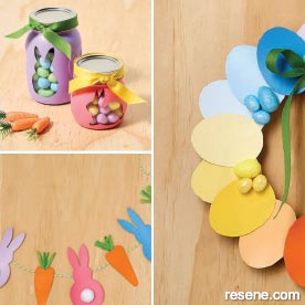 Egg wreath, bunny bunting and Easter jars