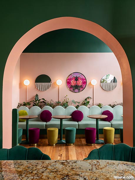 Light pink and green bar interior