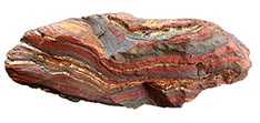 A banded tiger iron rock specimen