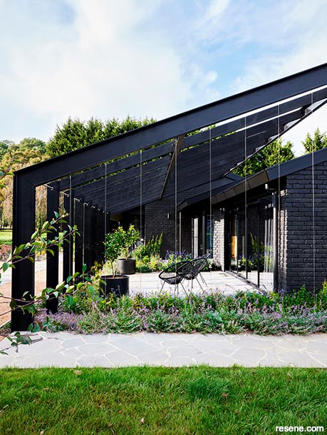 A black farmhouse exterior