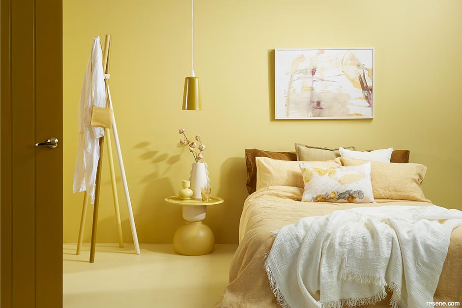 A bright yellow bedroom