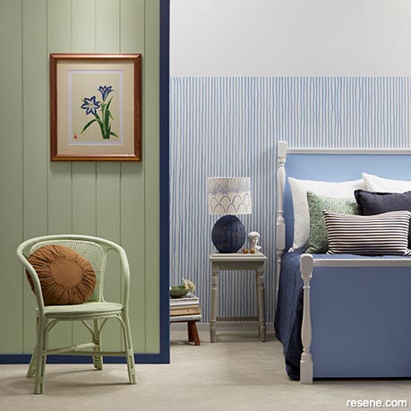 A blue and green bedroom - blue stripes