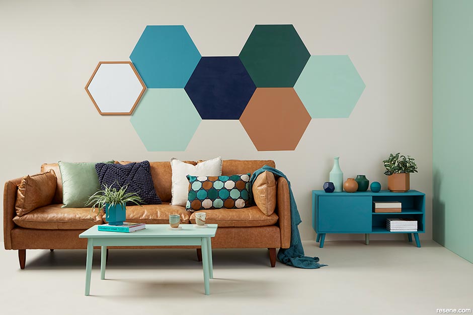 A lounge with colourful geometric shapes