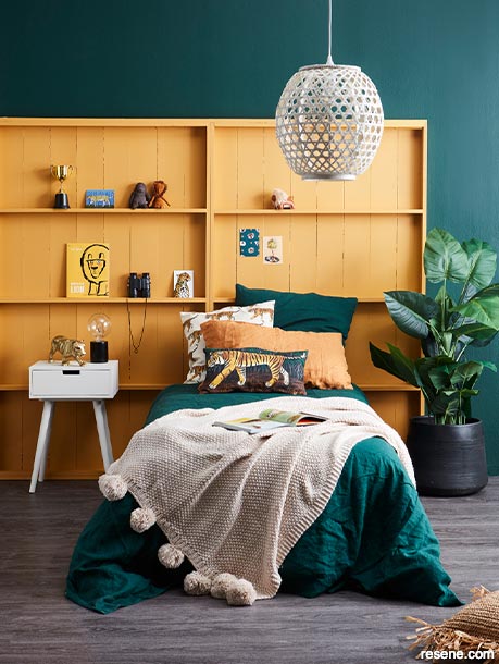 A modern green and yellow bedroom