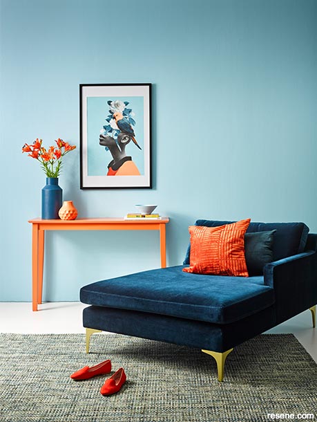 A bold blue and orange interior