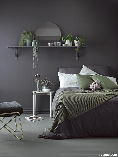 A dark grey bedroom