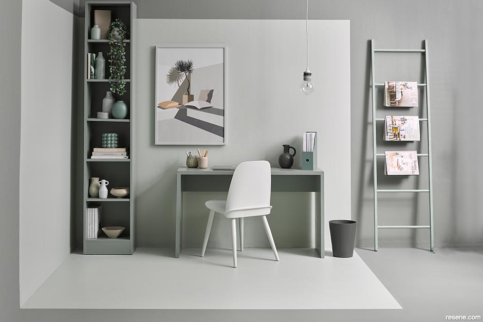 A home office with a monochrome colour palette