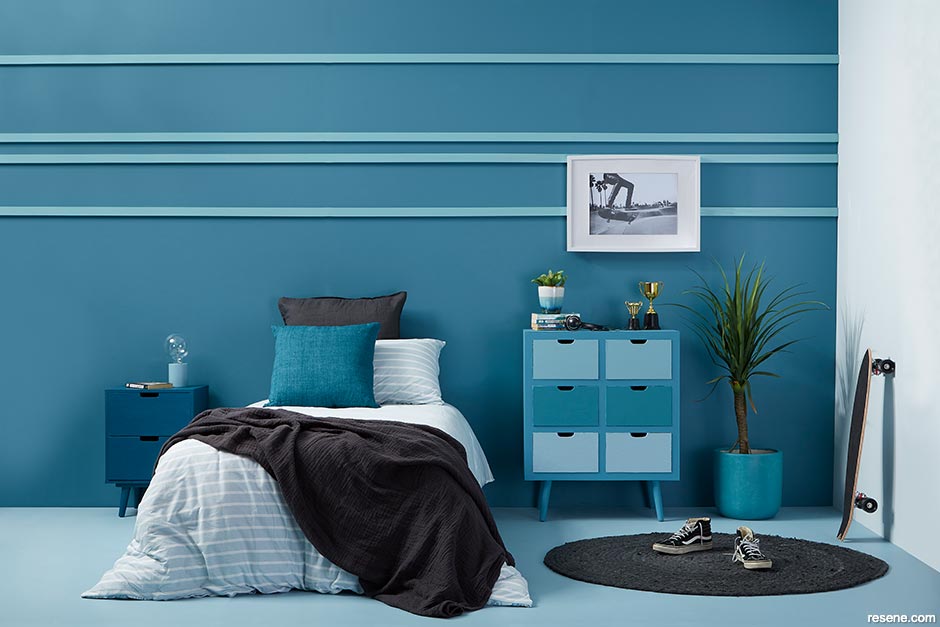 A muted blue kids bedroom