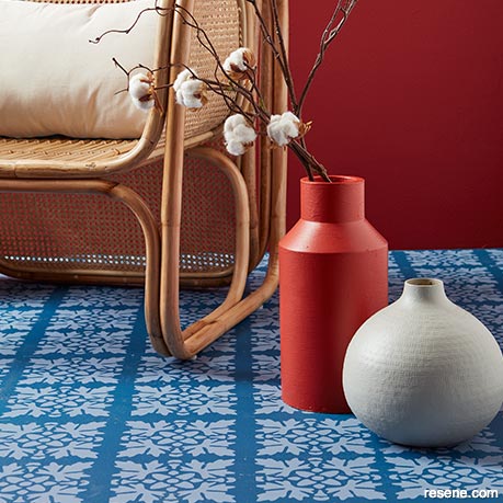 A red and blue Moroccan style interior - stencilled floor