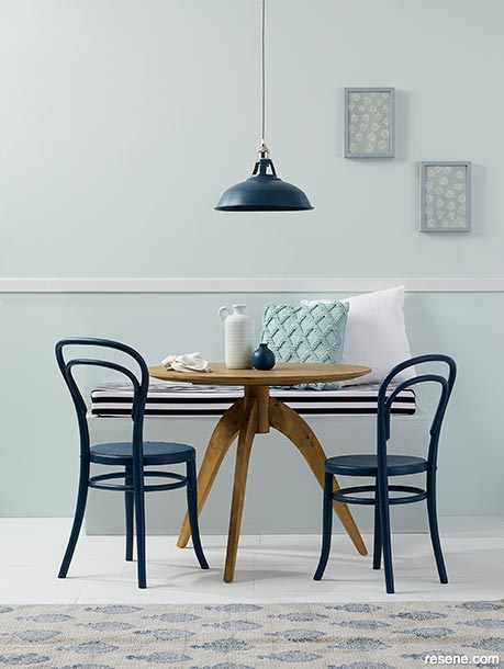 A blue French countryside themed dining room