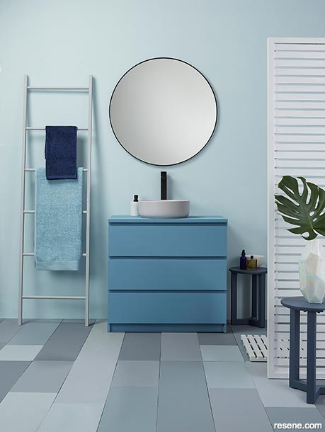 A soft grey-blue bathroom