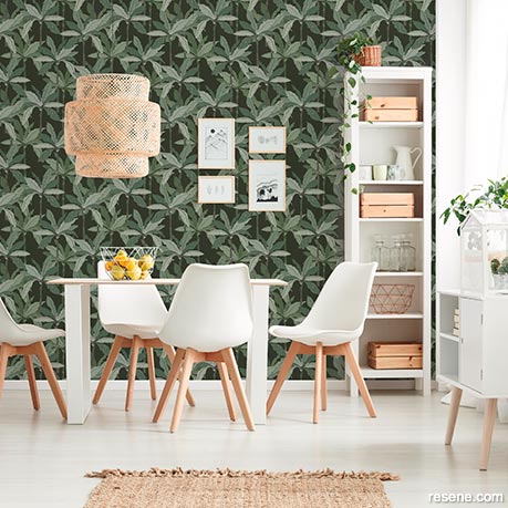 A tropical palm-inspired dining area