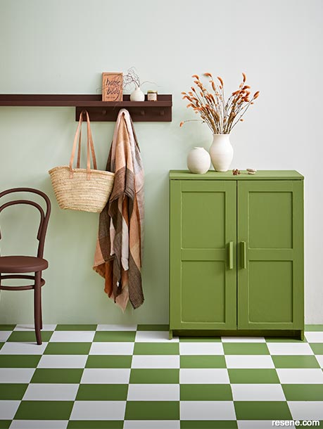Yellow greens are given a playful edge when paired with off-whites and earthy rose tones