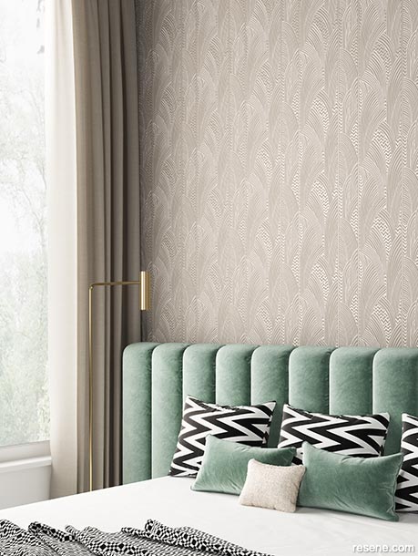 A wallpaper with an arched pattern and warm neutral hue