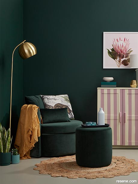 The use of trendy Resene Palm Green has been highly personalised in this stylish nook