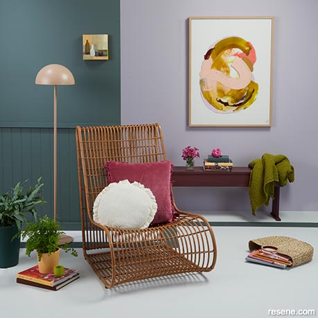 A lounge with whimsical and unexpected colour combos