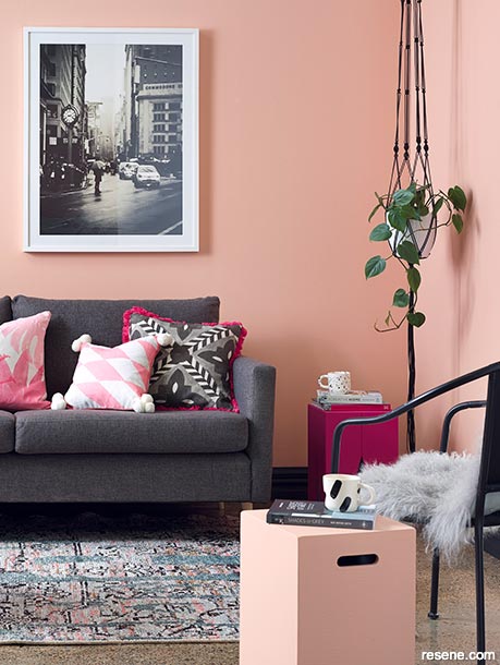 A vivid pink living room