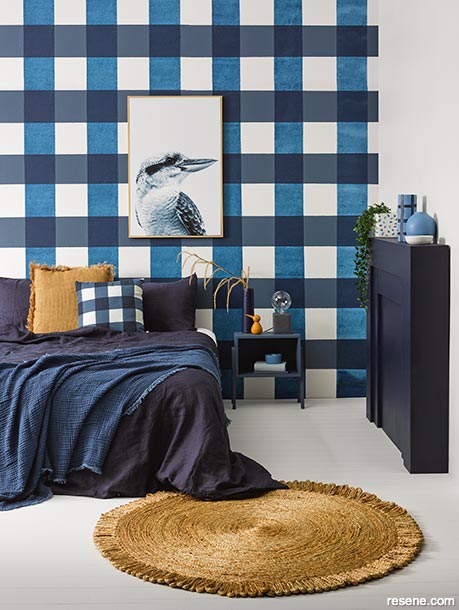 A tranquil blue plaid bedroom