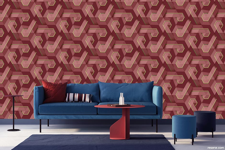 A luxurious lounge with wine red wallpaper