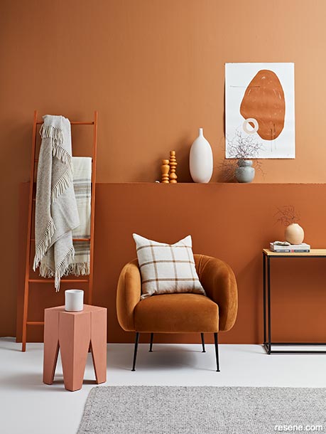 A copper-toned sitting area