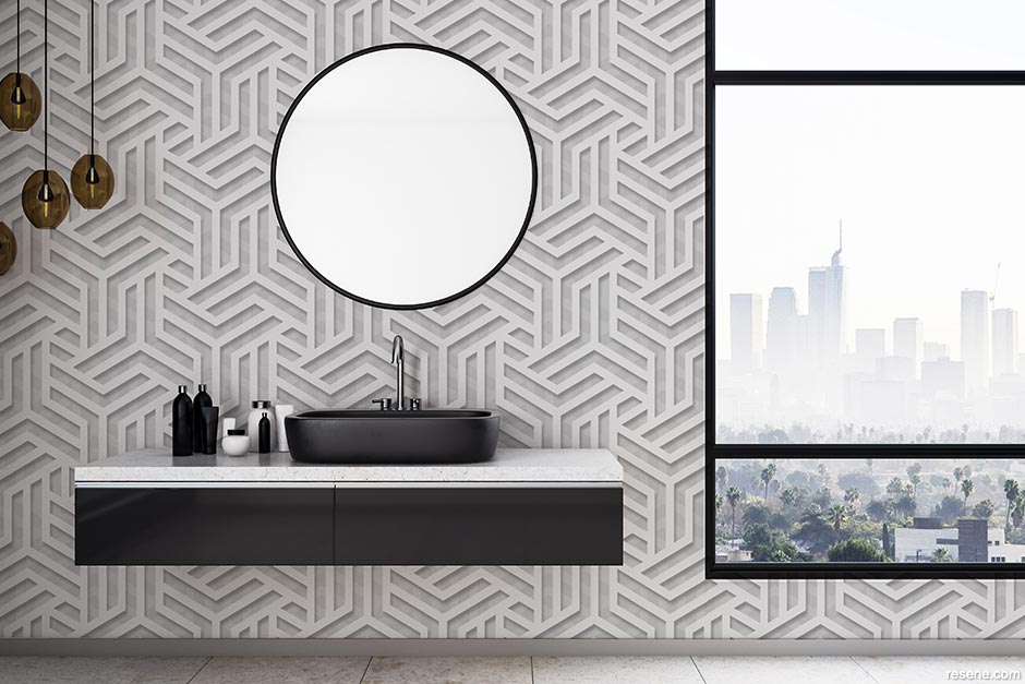 Using wallpaper with a dramatic geometric design in your bathroom