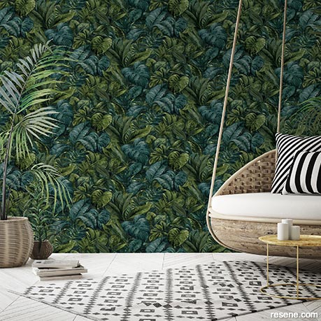 A lounge with tropical wallpaper