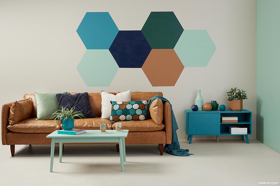 A painted hexagonal pattern adds wow factor to the wall