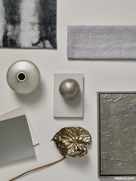 A moodboard featuring Resene metallic finishes