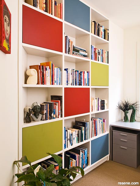 A bright and colourful bookshelf