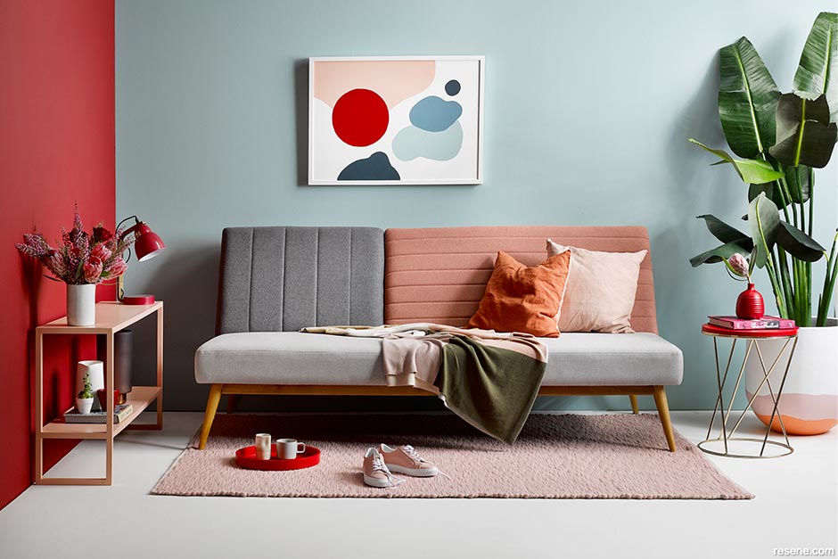 A bold red + blue + pink + grey lounge