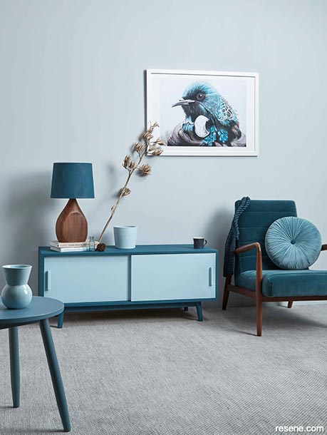 A dusky-toned blue lounge