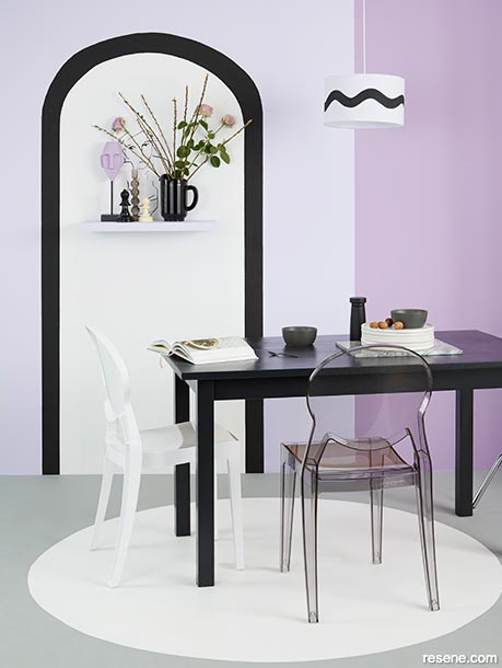 A lilac dining room paired with sophisticated neutrals