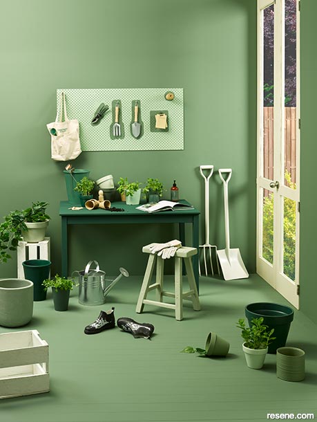 A green tonal colour scheme - potting shed