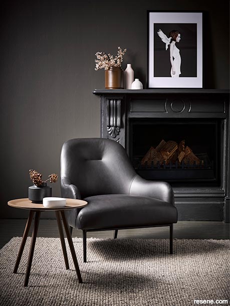 A lounge painted in dark character neutrals