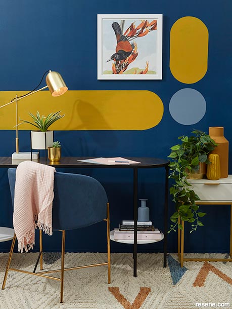 A blue and yellow home office