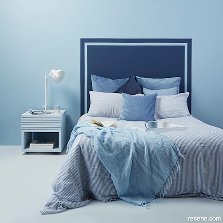 A classic denim blue bedroom in Resene Frozen
