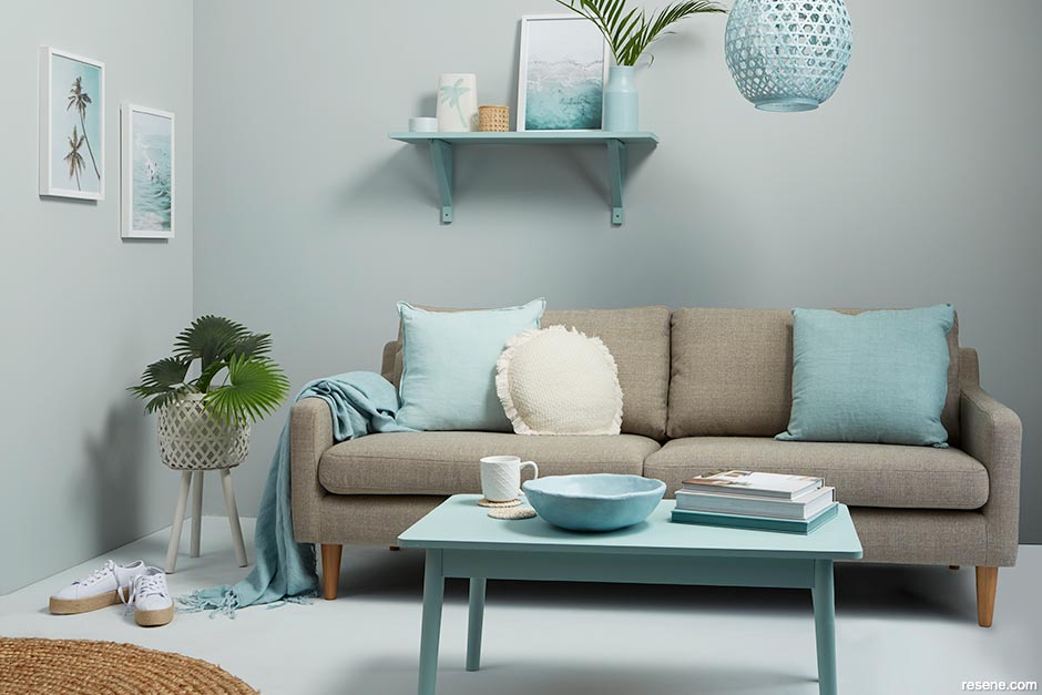 A lounge with lighter washes of denim blue