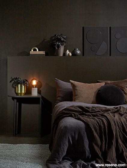 Dark swoon-worthy bedroom in chocolate browns and grey