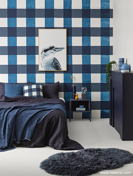 A hand-painted blue plaid wallpaper