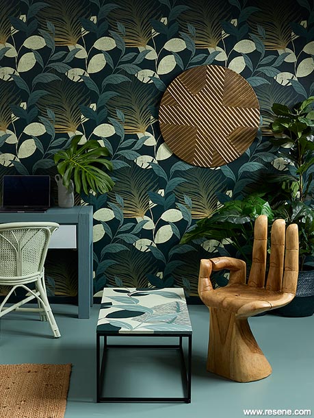 Tropical themed wallpaper in rich, dark hues