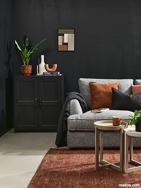 Dark walls paired with soft muted shades