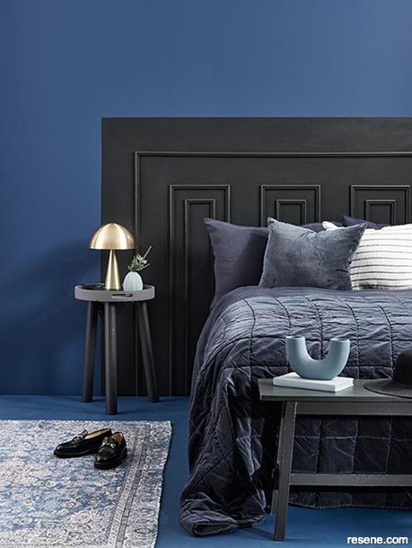 A bedroom in stormy blue and charcoal
