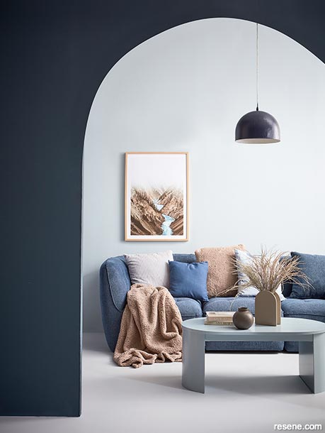 A tonal dusty blue lounge