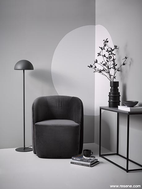 A lounge with greyscale styling