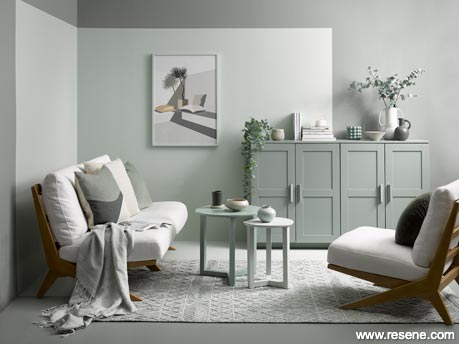 A green grey lounge utilising colour blocking
