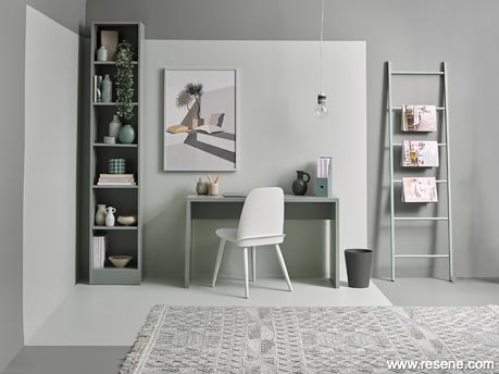 A green grey home office using colour blocking