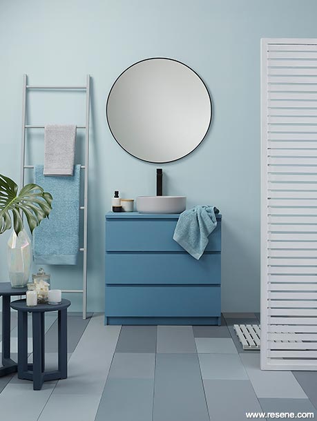 A soothing blue and white bathroom